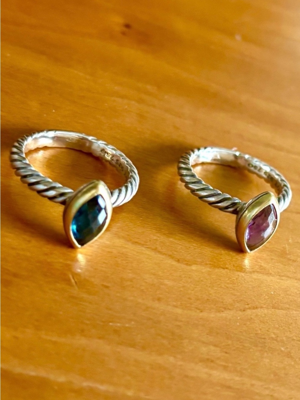 Authentic David Yurman Silver Cable Ring with teal Marquise Stone.